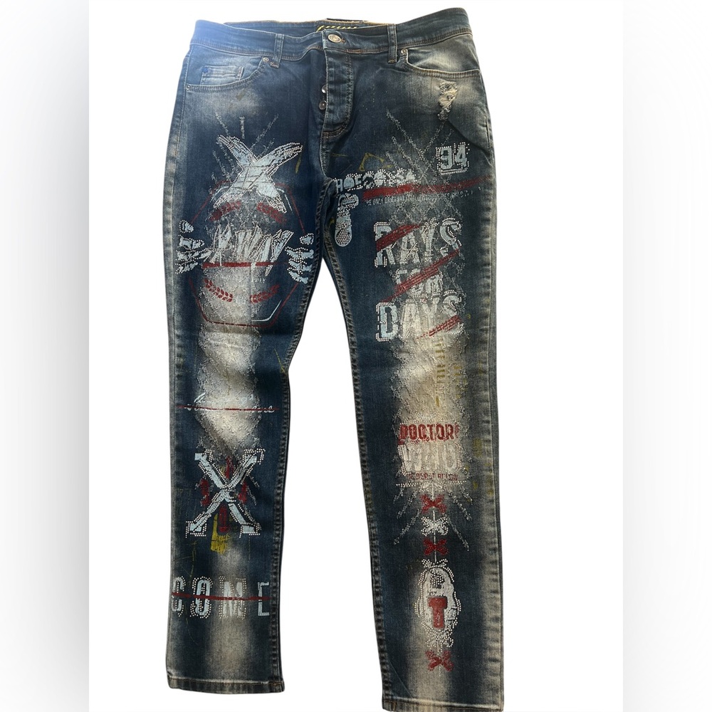 Men's Graphic Skinny Jeans - Dark Blue